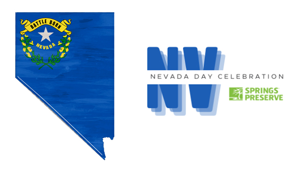 Nevada flag in the shape of the State of Nevada with text that reads Nevada Day Celebration.