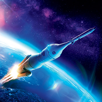 Above and Beyond exhibit artwork showing NASA rocket flying into space with Earth in background