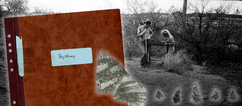 Collage of materials from Big Springs archaeological reconnaissance including report cover, excavation photo, and projectile points.