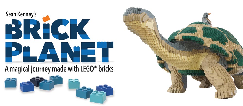 Promotional banner for Sean Kenney's Brick Planet featuring a LEGO brick sculpture of a tortoise, with scattered LEGO pieces in the foreground.