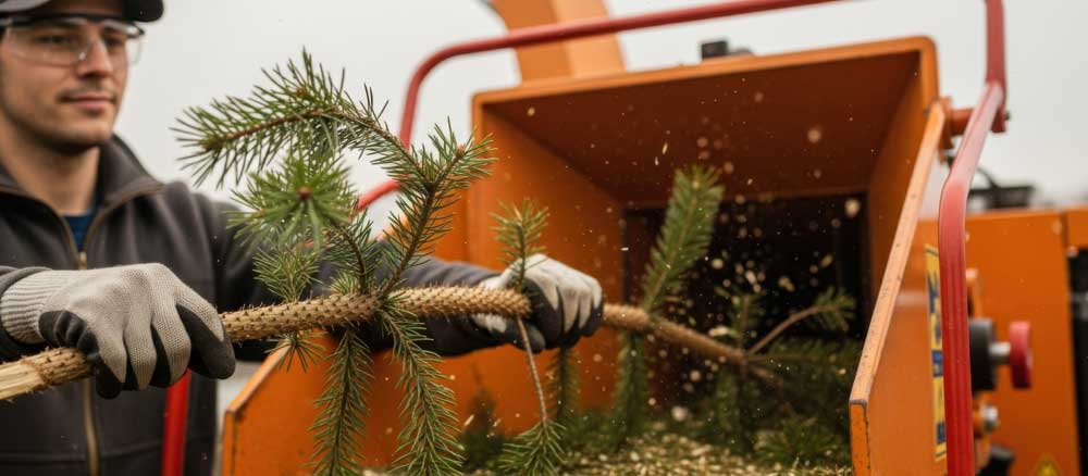 Person feeding a pine tree branch into an industrial wood chipper.
