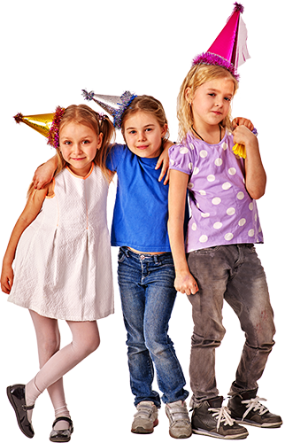 Three young girls wearing birthday hats pose together with arms wrapped around each other