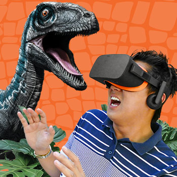 Man wearing VR headset reacts to Blue the velociraptor