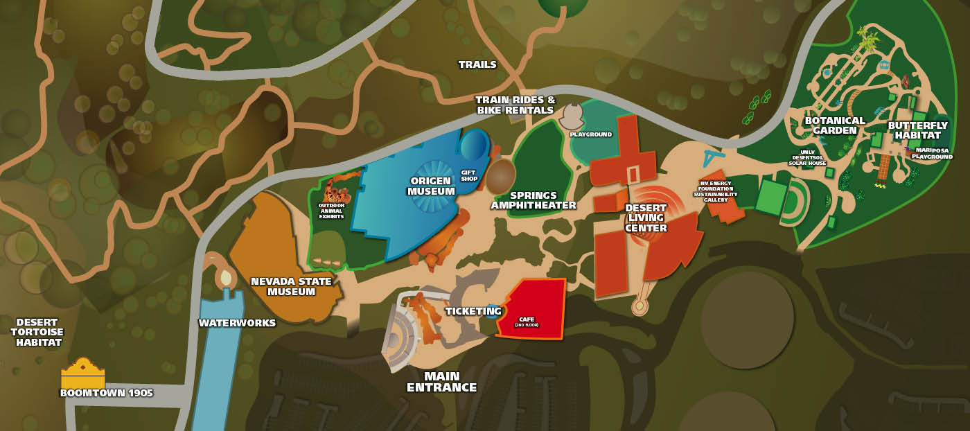 Map of Springs Preserve property showing the location of attractions. If you need this map described to you, please call us at 702-258-3930.