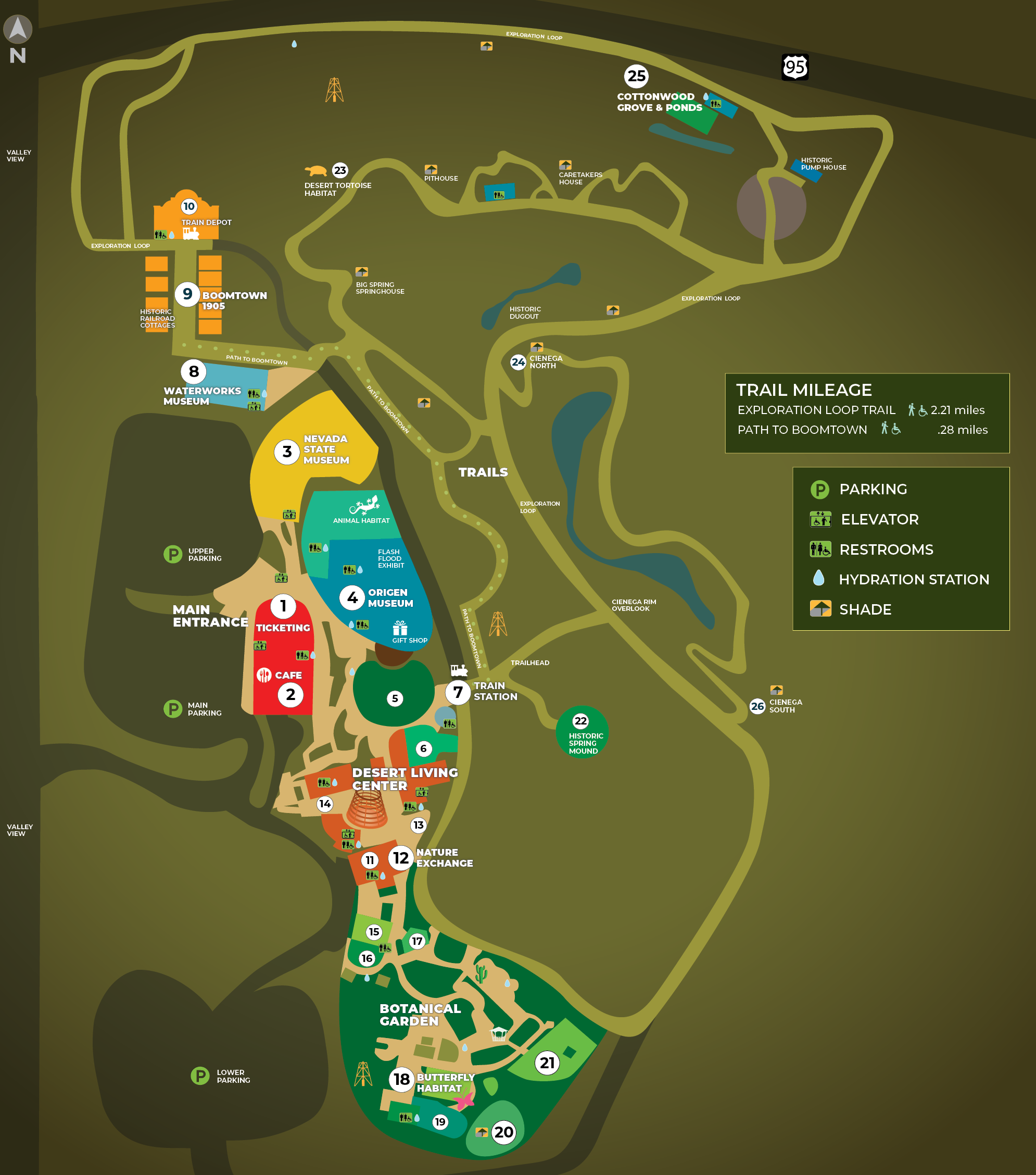 Map of Springs Preserve property showing the location of attractions. If you need this map described to you, please call us at 702-258-3930.
