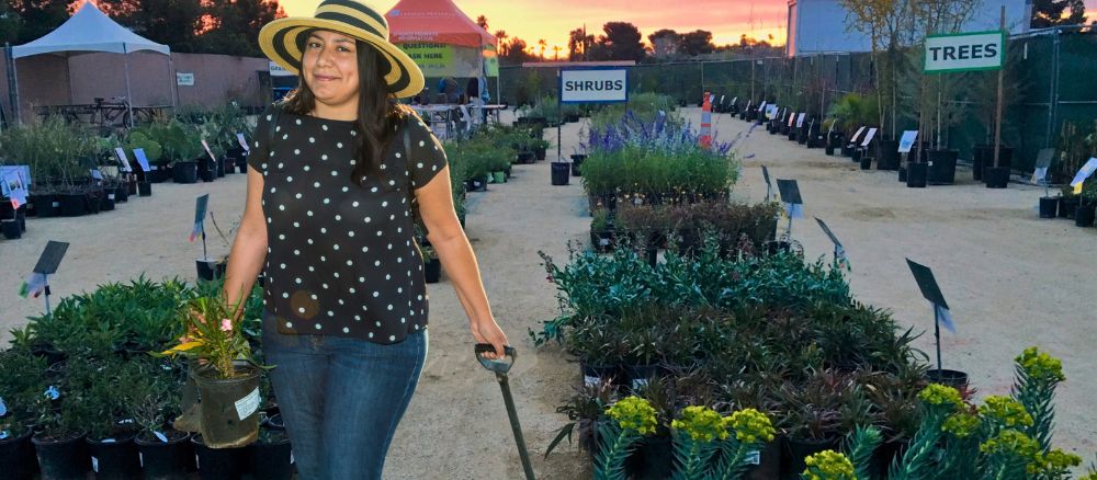 A woman holds a potted plant and wagon at the plant sale.