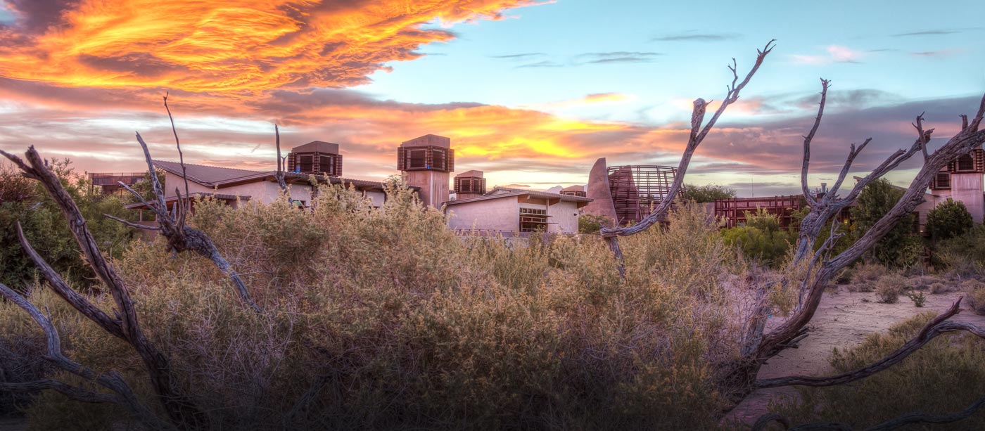 A sunset over the Springs Preserve, seen from a distance