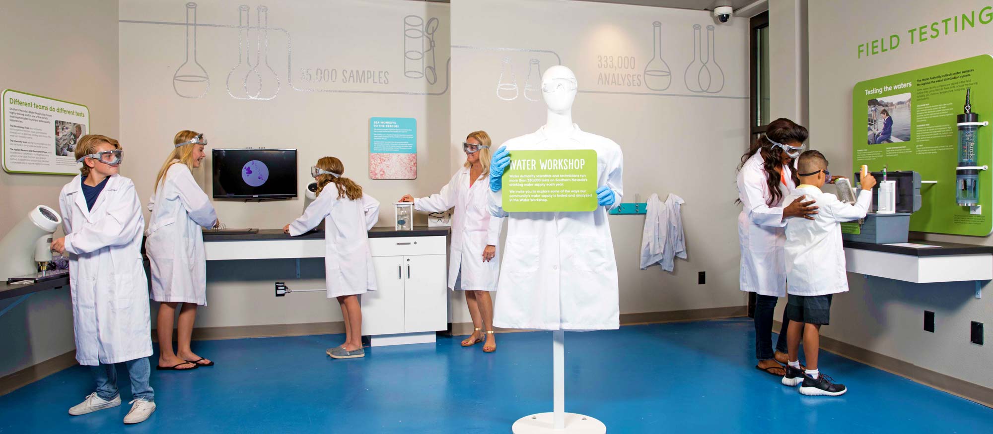 Participants engaged in various activities at a science workshop in a laboratory setting, equipped with lab coats and safety goggles.