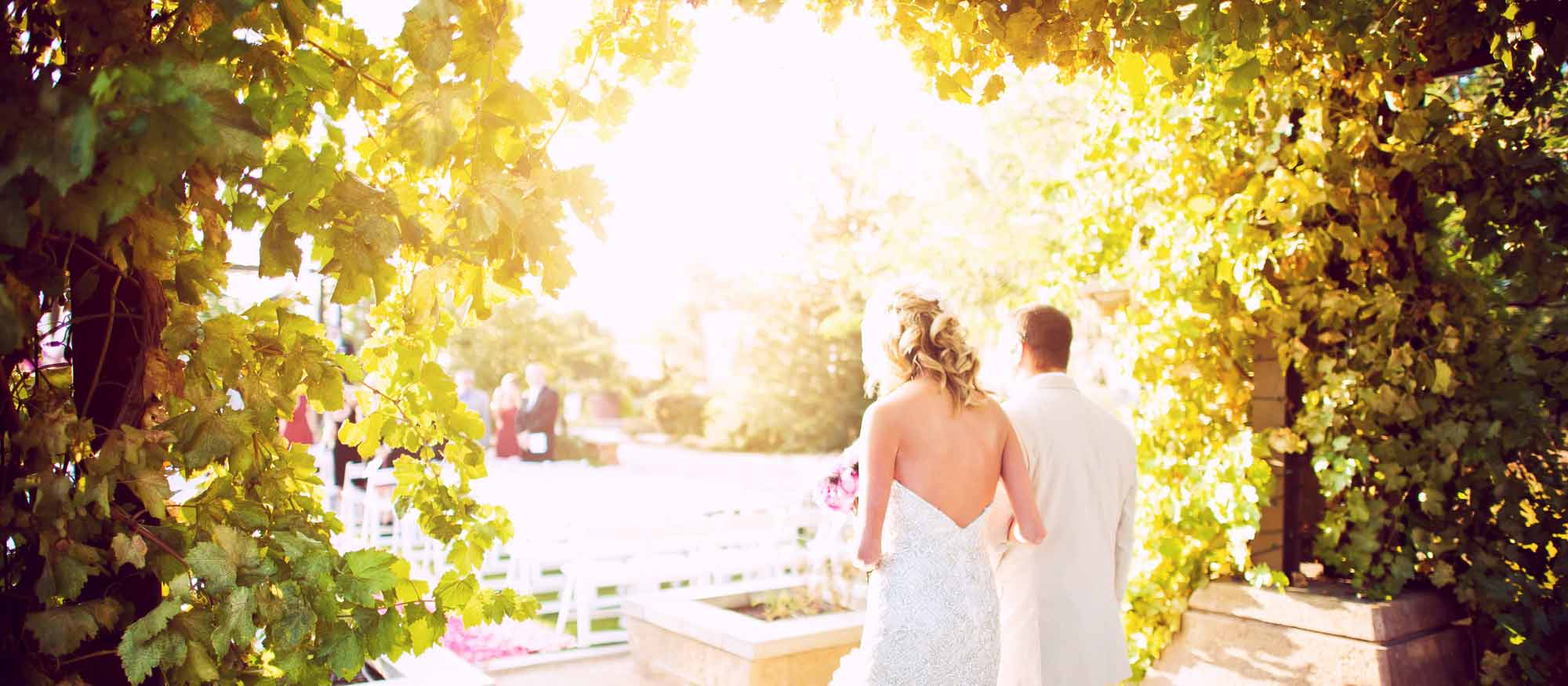 Two individuals in wedding attire walking under a vine-covered archway, bathed in warm sunlight. Photo courtesy Chelsea Nicole Photography.
