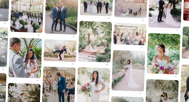 Assorted wedding photography showcasing couples on their wedding day in various garden settings and venues at the Las Vegas Springs Preserve.